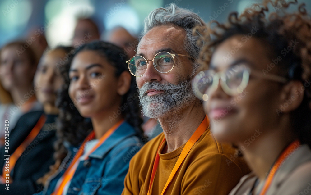 A diverse group of conference attendees, including a man with a gray beard and glasses, listen intently to a speaker A diverse group of conference attendees, including a man with a gray beard and glasses, listen intently to a speaker