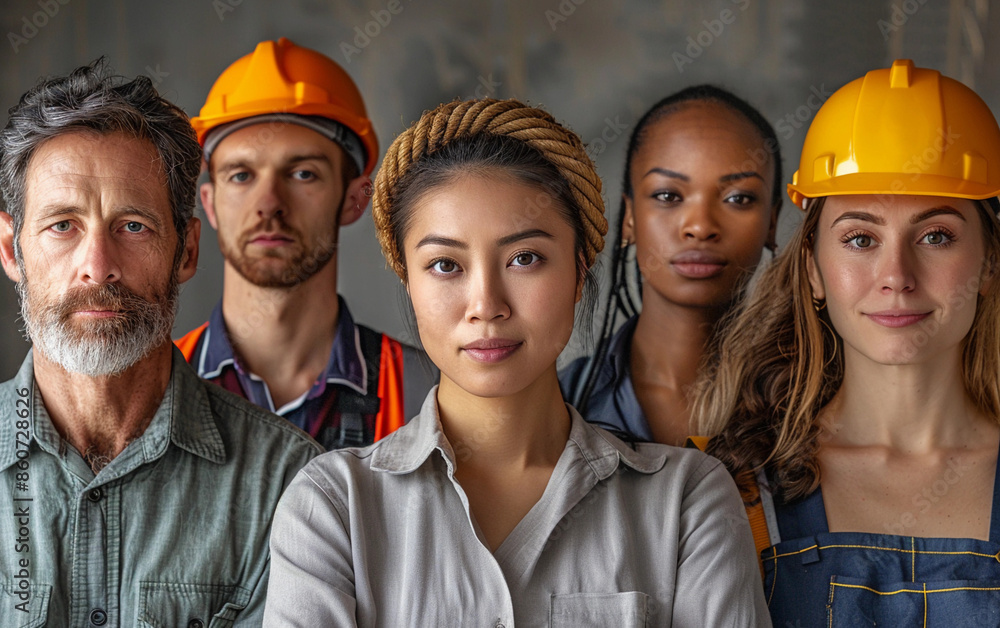 A group of four construction workers, two men and two women, stand together in front of a gray wall. The workers are diverse in terms of race and age, and they are all wearing safety gear A group of four construction workers, two men and two women, stand together in front of a gray wall. The workers are diverse in terms of race and age, and they are all wearing safety gear