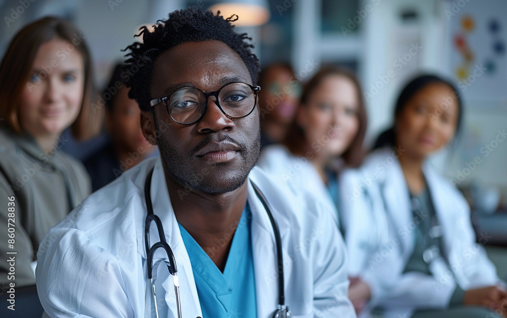A male doctor wearing a white coat and glasses looks directly at the camera. He is seated amongst other doctors in a conference setting A male doctor wearing a white coat and glasses looks directly at the camera. He is seated amongst other doctors in a conference setting
