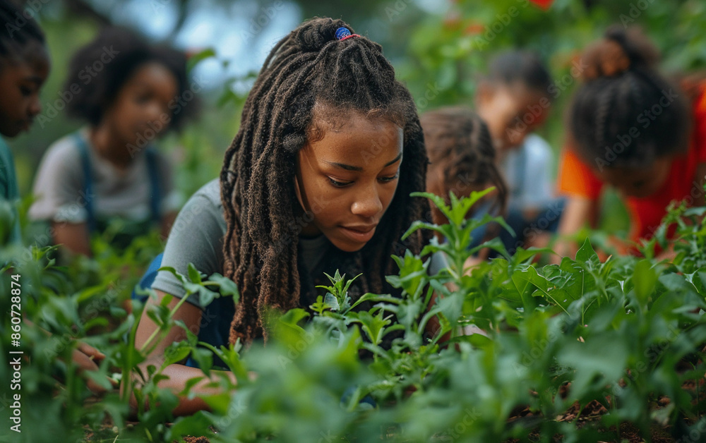 A young girl with long dreadlocks leans over a patch of green plants, tending to them with care A young girl with long dreadlocks leans over a patch of green plants, tending to them with care