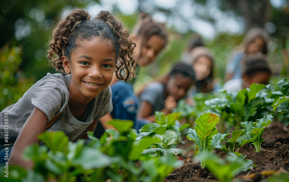 A young girl smiles happily while participating in an outdoor gardening activity with a group of her peers A young girl smiles happily while participating in an outdoor gardening activity with a group of her peers