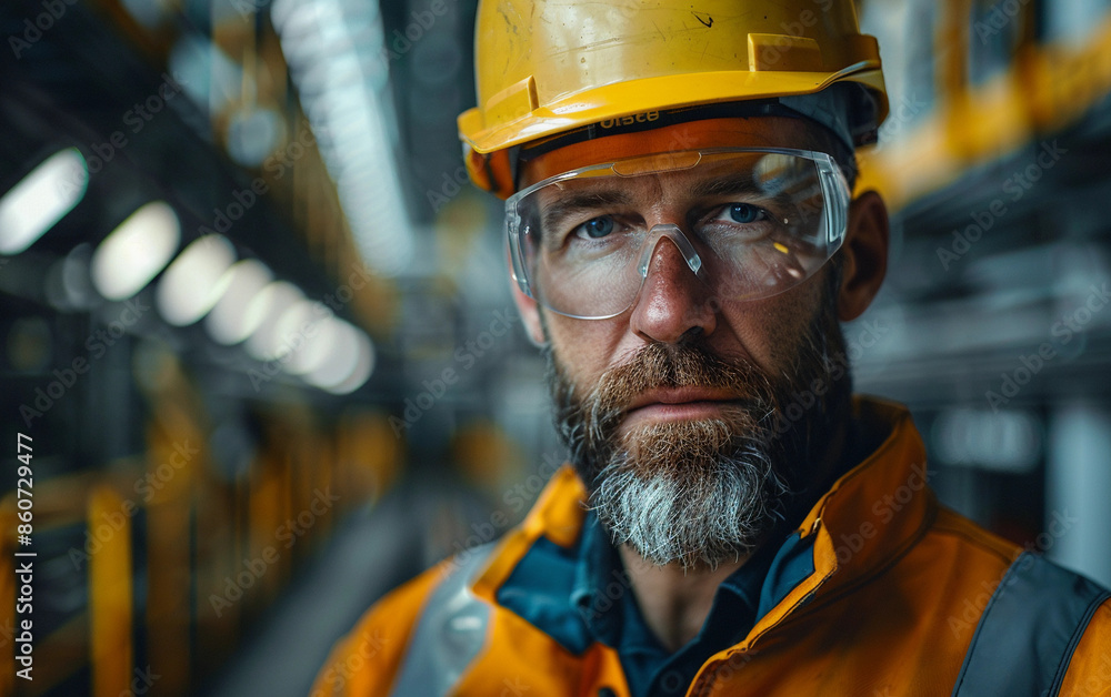 A close-up portrait of a construction worker wearing a hard hat and safety glasses, looking directly at the camera A close-up portrait of a construction worker wearing a hard hat and safety glasses, looking directly at the camera