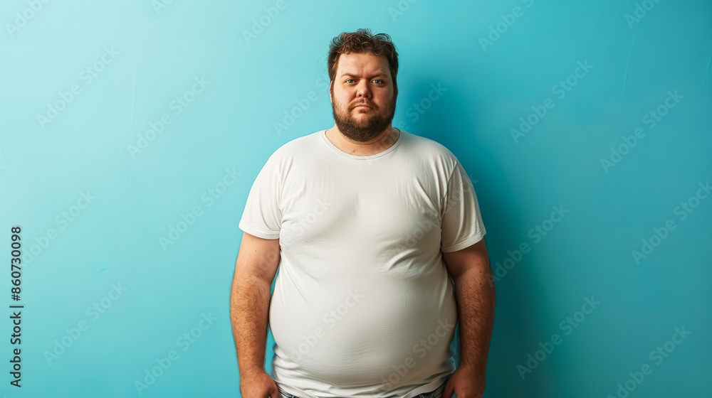 A man with a beard and a pink shirt is standing in front of a blue wall. The shirt is slightly wrinkled and the man's shirt is not buttoned