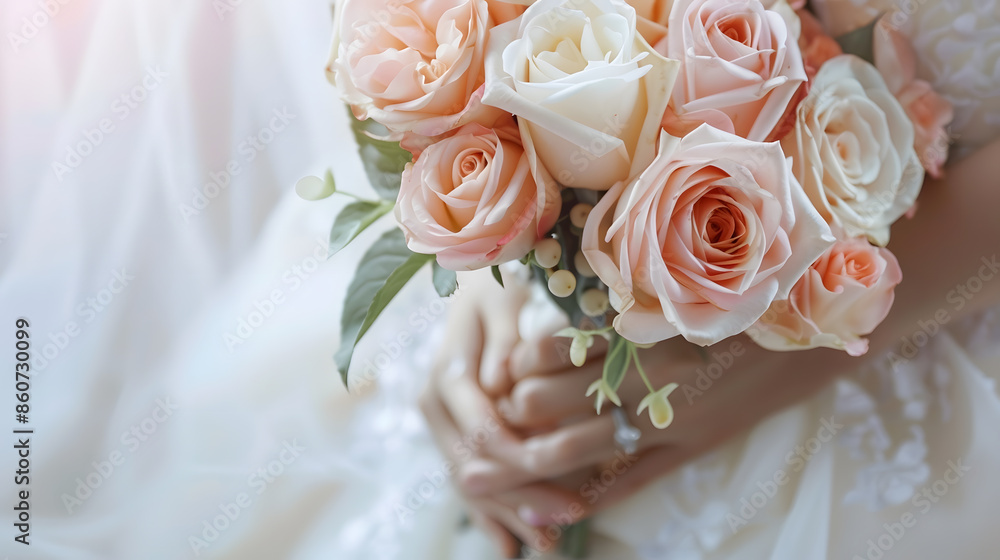 A wedding bouquet of light roses in the hands of the bride Beige and pink flowers Composition of gentle roses : Generative AI A wedding bouquet of light roses in the hands of the bride Beige and pink flowers Composition of gentle roses : Generative AI