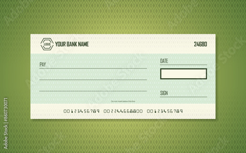 Blank bank check. Checkbook cheque template. Checkbook cheque template with green theme. Money payment voucher or pay cash cheque certificate.