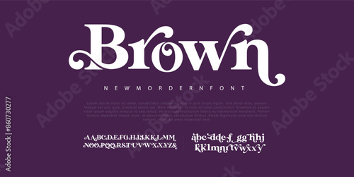 Brown modern and classic sans serif font with a unique style and fancy look. This typeface is perfect for an elegant & luxury logo, book or movie title design, fashion brand, magazine, clothes.	