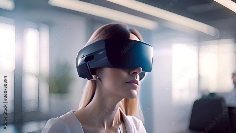 Woman Experiencing Virtual Reality in an Office Generative AI Woman Experiencing Virtual Reality in an Office Generative AI