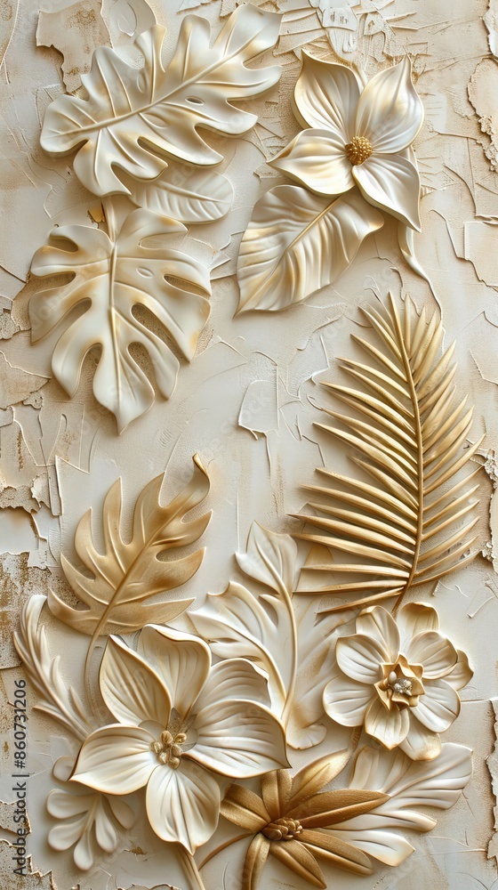 Gold floral plants and palm leaves Wallpaper Mural, 3d illustration, grey background, abstract tropical leaves, banana leaves with 3d lines. AI generated illustration Gold floral plants and palm leaves Wallpaper Mural, 3d illustration, grey background, abstract tropical leaves, banana leaves with 3d lines. AI generated illustration