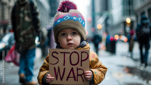 A young child holding a sign that says Stop War. The child is wearing a red hat and is standing in front of a tree