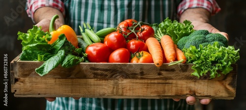 A close up photo of a farmer holding a wooden box filled with fresh raw vegetables. The vibrant assortment includes carrots, tomatoes, bell peppers, and leafy greens, emphasizing healthy food. photo