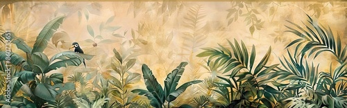 Wallpaper Mural Modern wallpaper. Watercolor jungle illustration. Crane bird elements, watercolor painting wallpaper. Mural wallpaper. AI generated illustration Torontodigital.ca
