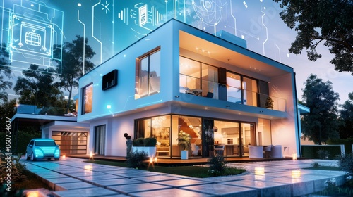 3d rendering of modern cozy house with garage and pool for sale or rent with beautiful landscaping on background. Cool summer night with cozy light from windows.