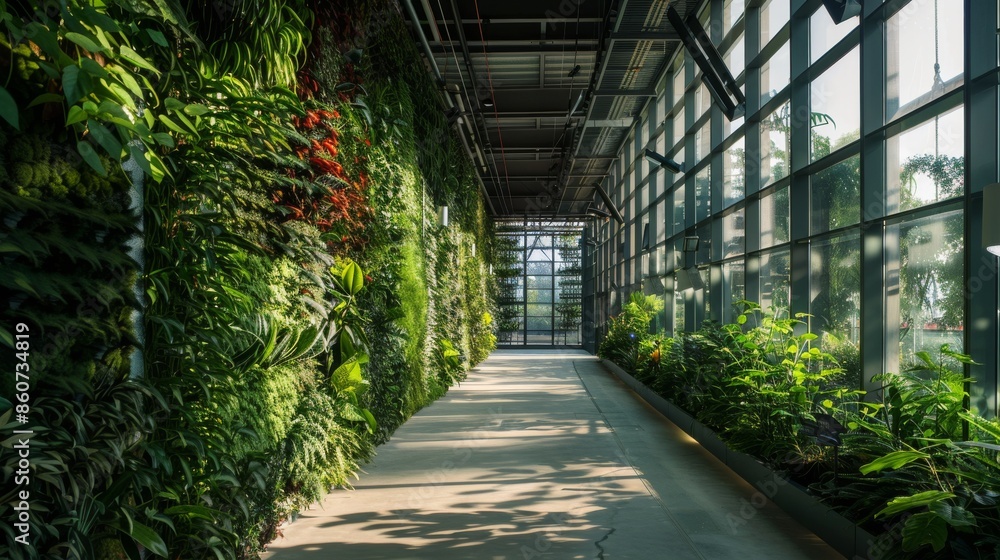 Interior of a modern greenhouse with glass walls and green plants. Interior of a modern greenhouse with glass walls and green plants.