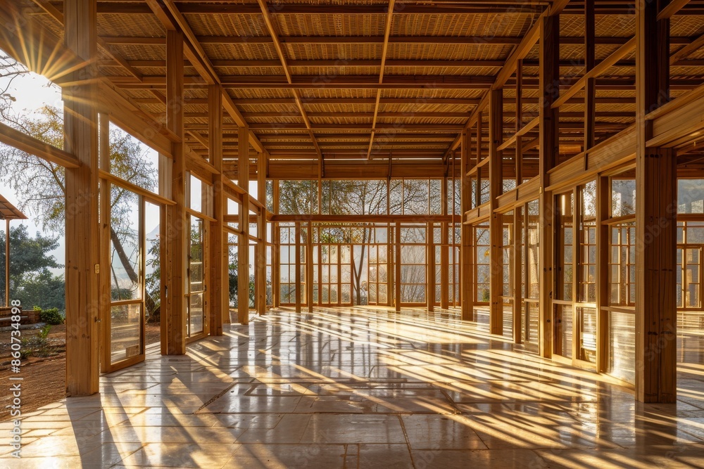 Interior of a wooden building with sunbeam, closeup of photo Interior of a wooden building with sunbeam, closeup of photo