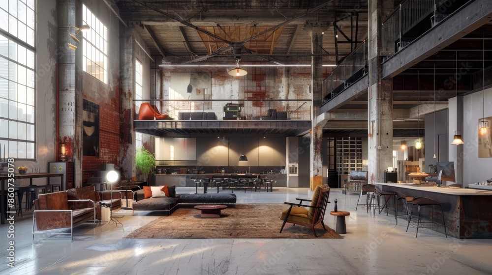 3D rendering of a loft interior design with a bar and a living room 3D rendering of a loft interior design with a bar and a living room