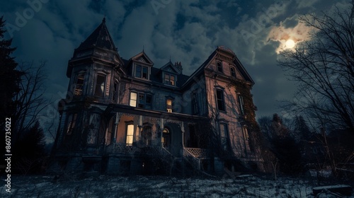Abandoned haunted house at night with full moon. Halloween concept. © Miguel