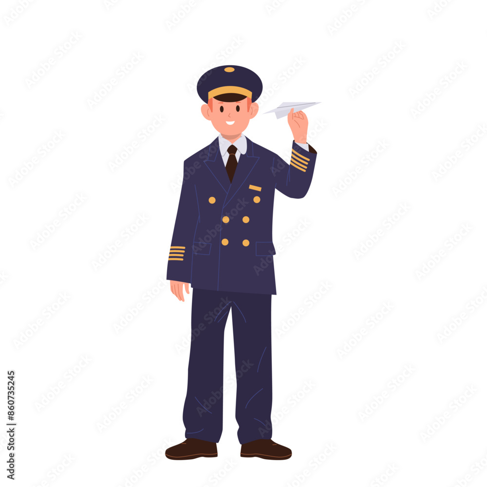Happy smiling boy child captain plane pilot cartoon character standing isolated on white background Happy smiling boy child captain plane pilot cartoon character standing isolated on white background