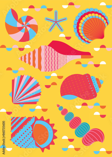 Summer background with abstract fantasy shells. Creative beautiful pattern with geometric conches of various shape. Backdrop, postcard, decoration, print for home decor
