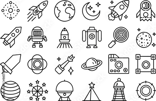 Space & Astronomy related concept  such as planet, star, moon, telescope & many more editable stroke outline icons isolated on white background flat vector illustration