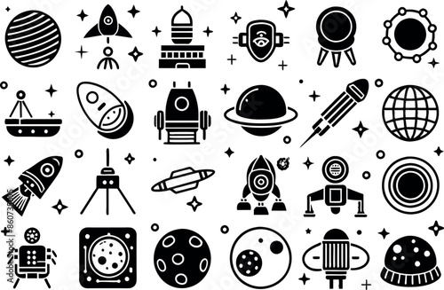 Space & Astronomy related concept  such as planet, star, moon, telescope & many more editable stroke outline icons isolated on white background flat vector illustration