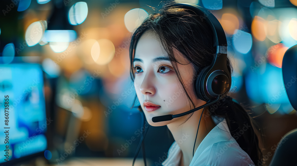 A woman wearing a headset and a camo shirt is sitting at a desk. She is wearing a headset and she is working A woman wearing a headset and a camo shirt is sitting at a desk. She is wearing a headset and she is working