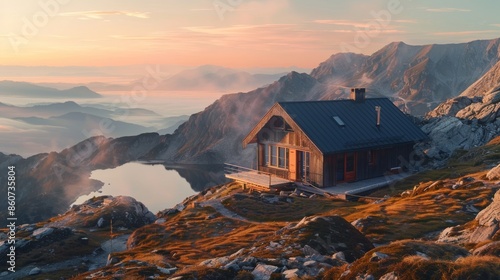 Mountain hut in the mountains at sunset. Landscape photography.