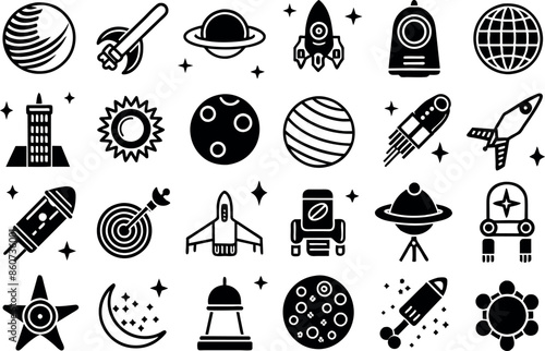 Space & Astronomy related concept  such as planet, star, moon, telescope & many more editable stroke outline icons isolated on white background flat vector illustration