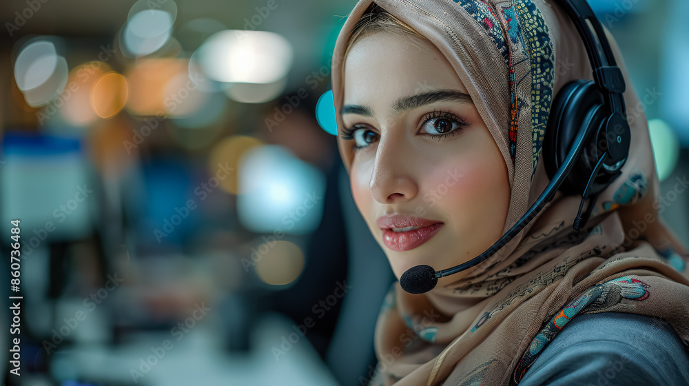 A woman wearing a headset and a scarf is sitting in front of a computer. She looks focused and serious A woman wearing a headset and a scarf is sitting in front of a computer. She looks focused and serious