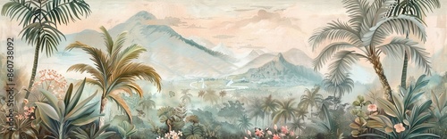 Tropical forest landscape wallpaper design - Mural wallpaper - 3D illustration. AI generated illustration