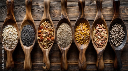 A collection of wooden spoons filled with various seeds and cereals, creating an abundance of organic ingredients on a wooden background.