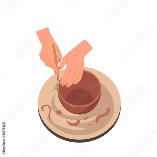 Top view on pottery artist arms modeling and shaping clay kitchenware workpiece vector illustration