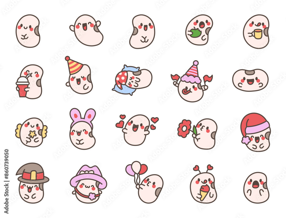 Fototapeta premium Cute kawaii beans funny faces. Adorable vegetables characters. Hand drawn style. Vector drawing. Collection of design elements.