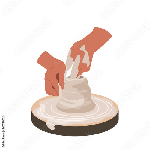 Process of crafting clay workpiece for earthenware utensils, hobby profession vector illustration