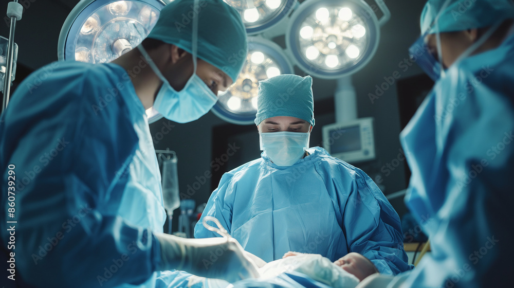a team of surgeons and nurses with newborn baby in operation at hospital a team of surgeons and nurses with newborn baby in operation at hospital