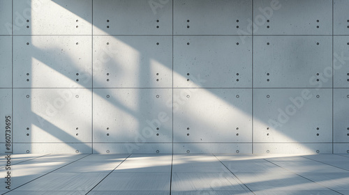 Empty concrete wall with sunlight casting shadows through windows onto the tiled floor. Image conveys modern minimalism and architectural simplicity