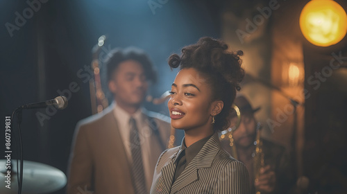 Woman singing on stage with band members in background and warm stage lighting. Scene captures vibrant performance atmosphere with focus on singer's expressive face and elegant attire photo