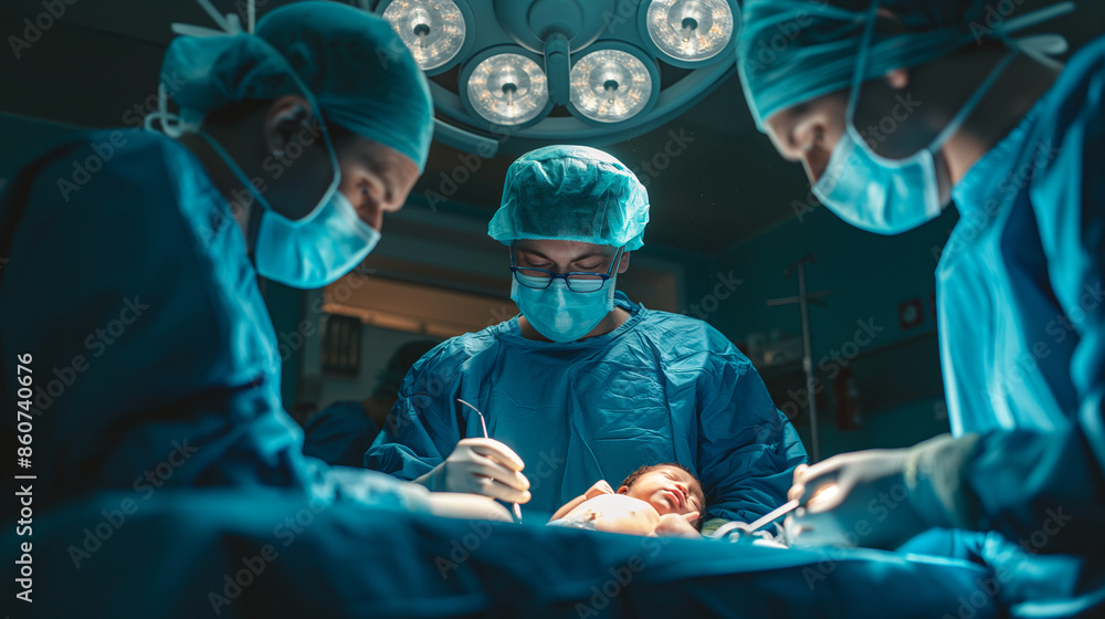 a team of surgeons and nurses with newborn baby in operation at hospital a team of surgeons and nurses with newborn baby in operation at hospital