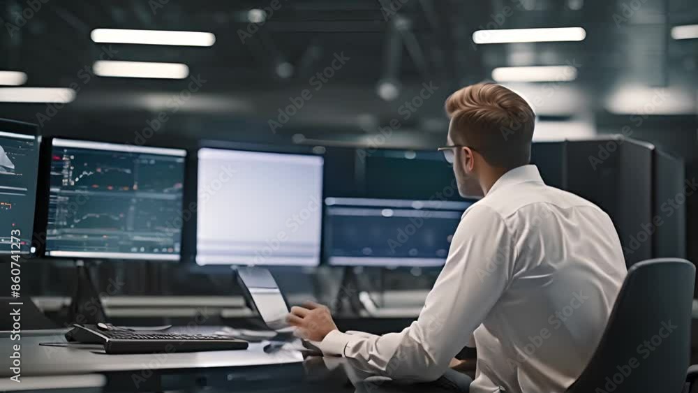 Man Working at Desk With Multiple Monitors Generative AI Man Working at Desk With Multiple Monitors Generative AI