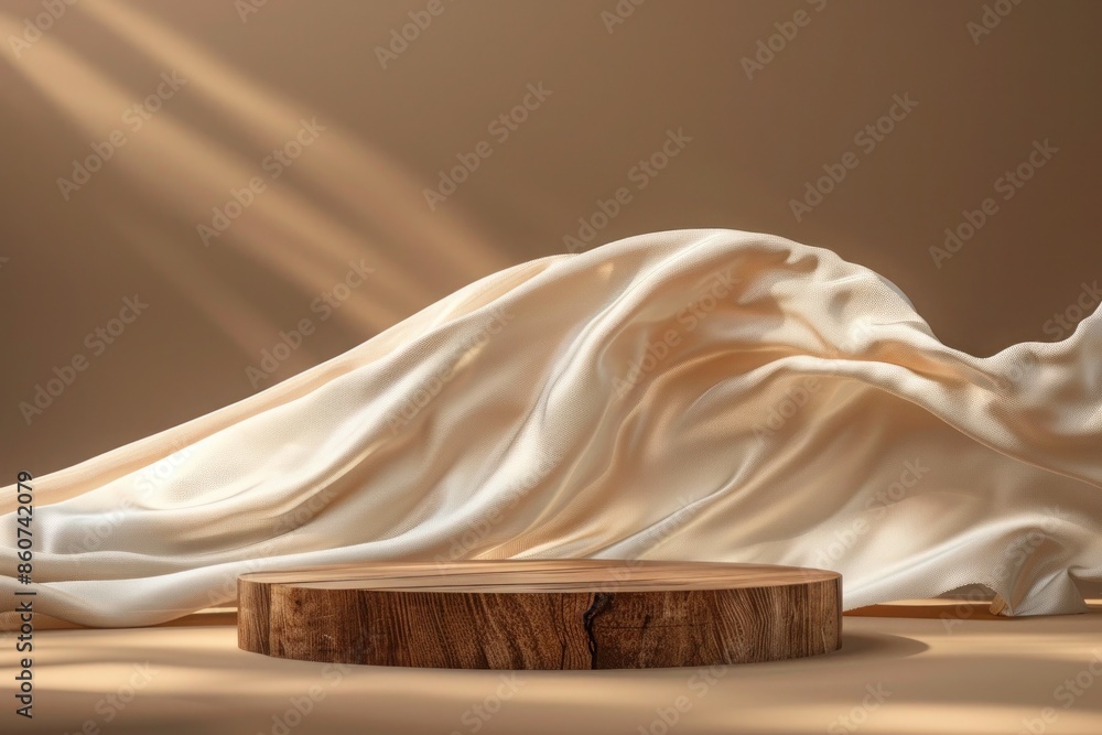 wooden podium with cream fabric background wooden podium with cream fabric background