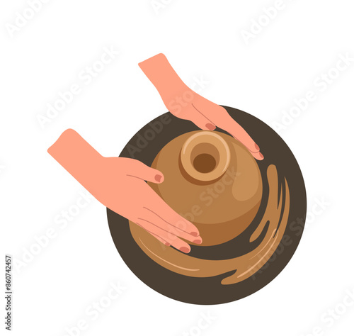 Professional craftsperson working at pottery class, view on human hands crafting clay vase
