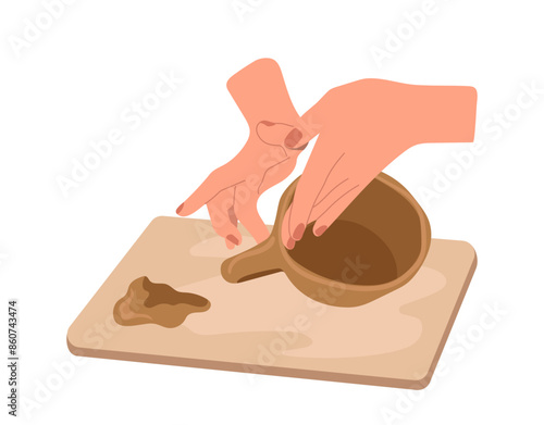 Female person cartoon hands making crockery cup at craft ceramics art studio isolated on white