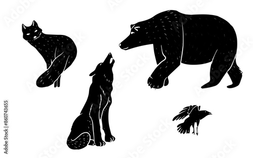 Set of linocut animals, fox, bear, wolf, raven isolated.