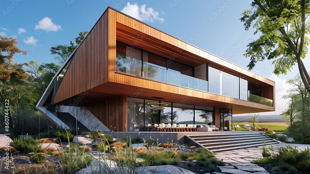angular modern home with cedar siding that changes color over time, integrating with a dynamic landscape angular modern home with cedar siding that changes color over time, integrating with a dynamic landscape