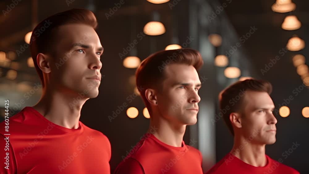 Three Men In Red Shirts Under String Lights Generative AI Three Men In Red Shirts Under String Lights Generative AI