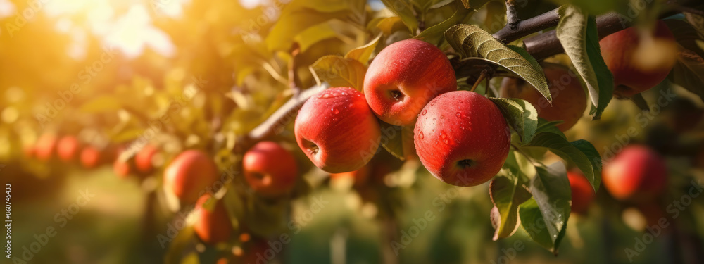 Red apples growing on branch in orchard Red apples growing on branch in orchard