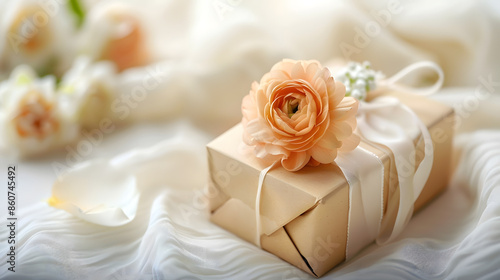 close up of a gift box and a flower on texture white background shallow focus wedding anniversary celebration love present and minimal decor card : Generative AI