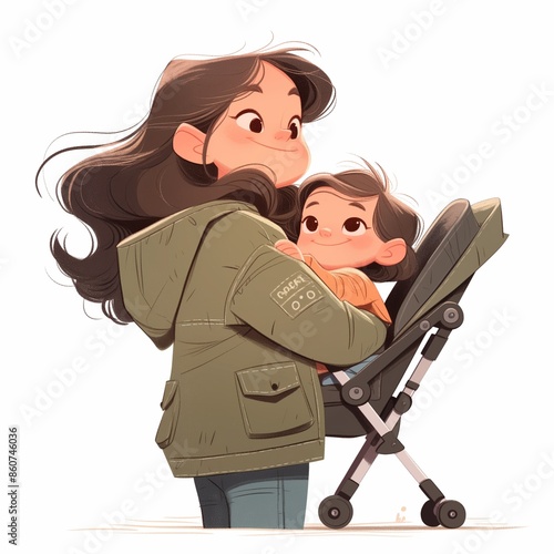 Babysitter concept. Morning adventures with a nanny in a stroller. High quality cartoon illustration, generated by AI