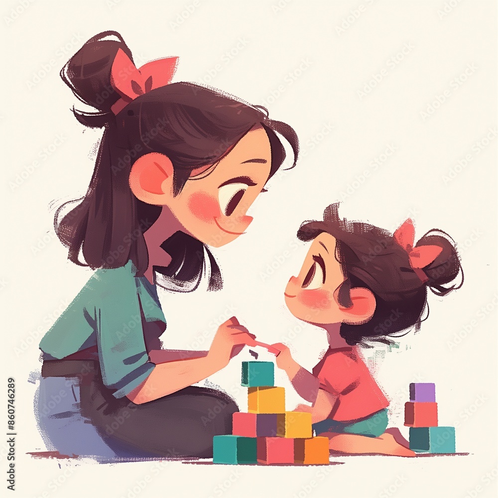Babysitter concept. Nanny in action: care and entertainment. Plays with child. High quality cartoon illustration, generated by AI Babysitter concept. Nanny in action: care and entertainment. Plays with child. High quality cartoon illustration, generated by AI