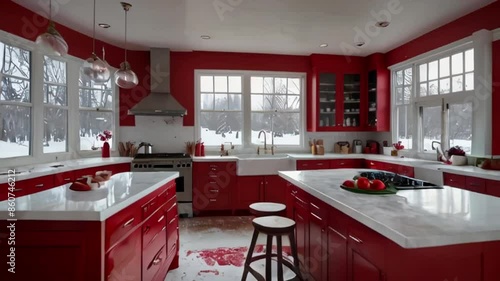Beautiful red Christmas kitchen facing facing forward. Messy counter with flour and cookies on island. Windows in the back with snow on windows. Island in the middle of kitchen. Full image photo