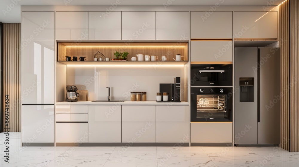 Modern white kitchen cabinet with integrated coffee machine, minimalist design, high end feel Modern white kitchen cabinet with integrated coffee machine, minimalist design, high end feel